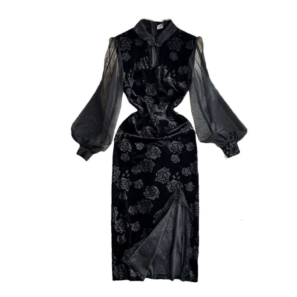 Improved cheongsam socialite mesh lantern long sleeved splicing stand up collar waistband slit buttocks wrapped velvet dress for women