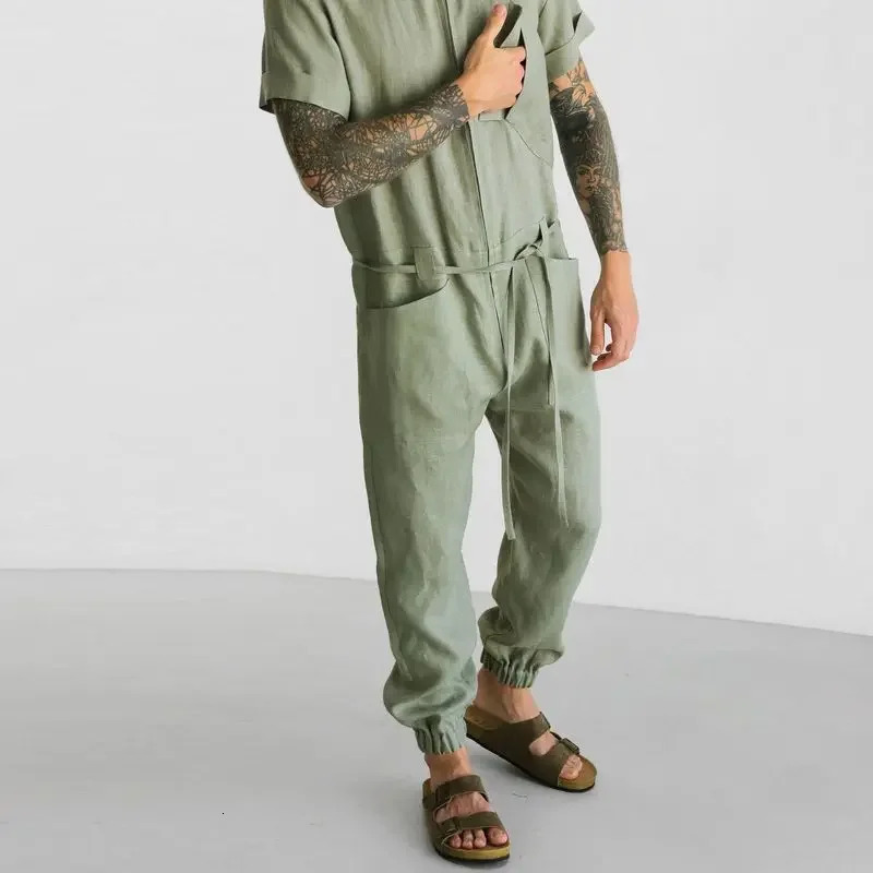Mens Jumpsuits Linen Summer Leisure Suit Summer Short Sleeve Rompers Overalls Trousers Fashion Mens Joggers 240524