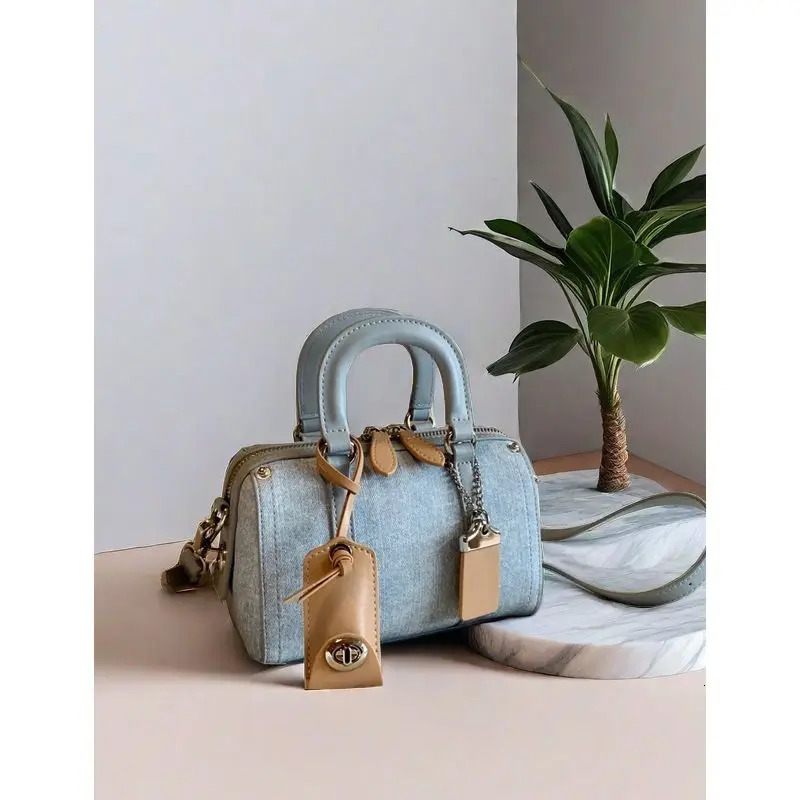 French Hand Boston Bag Women Advanced Denim Shoulder Crossbody Bag Makeup Pillow Bag 240603