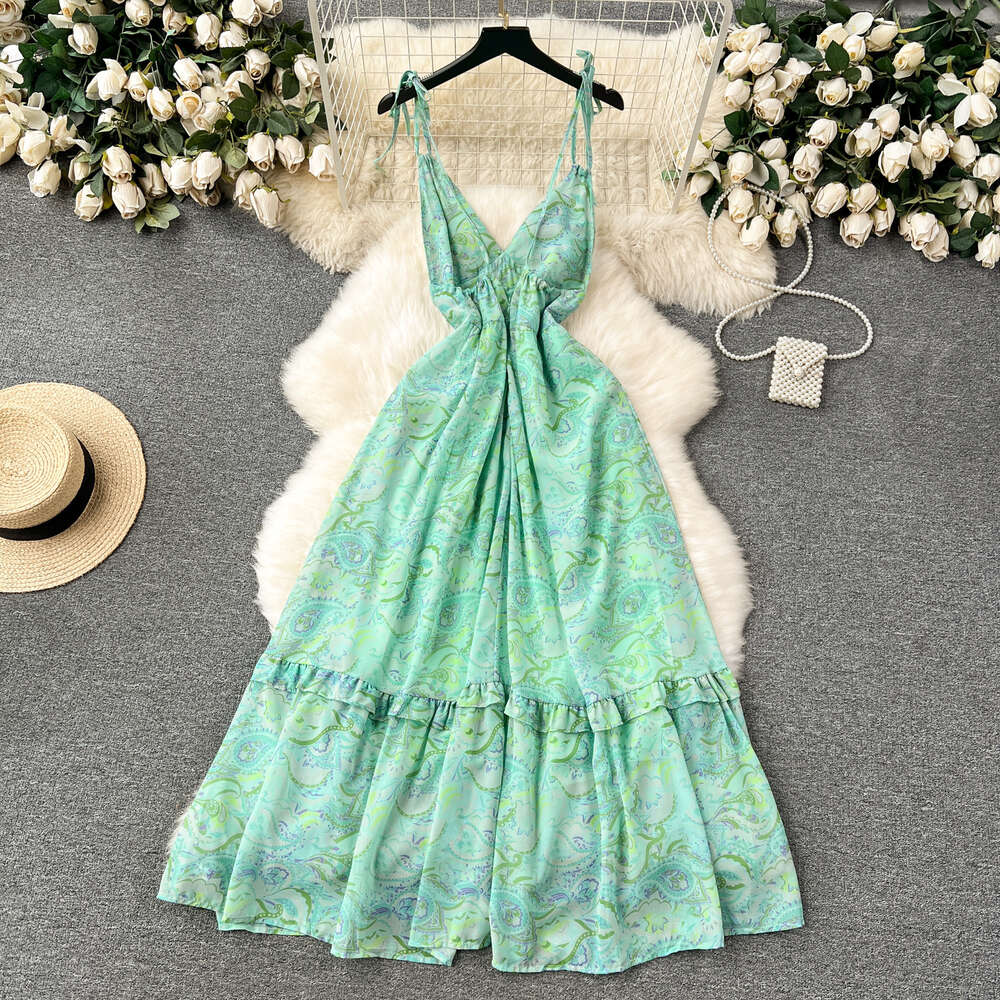 Tourism and vacation style dress feminine V-neck backless print strap skirt French seaside beach long skirt