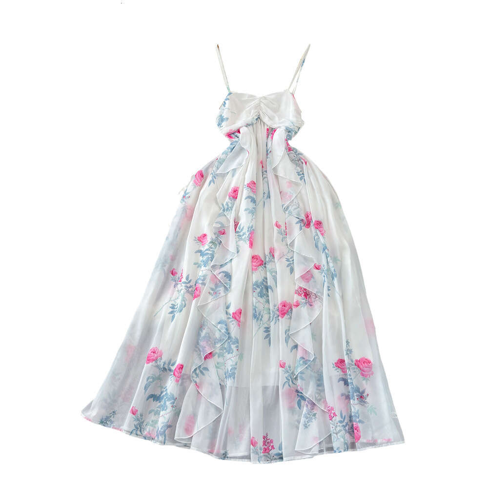 Luxury and socialite temperament strapless and waist cinched A-line ruffled edge printed chiffon dress seaside vacation long dress