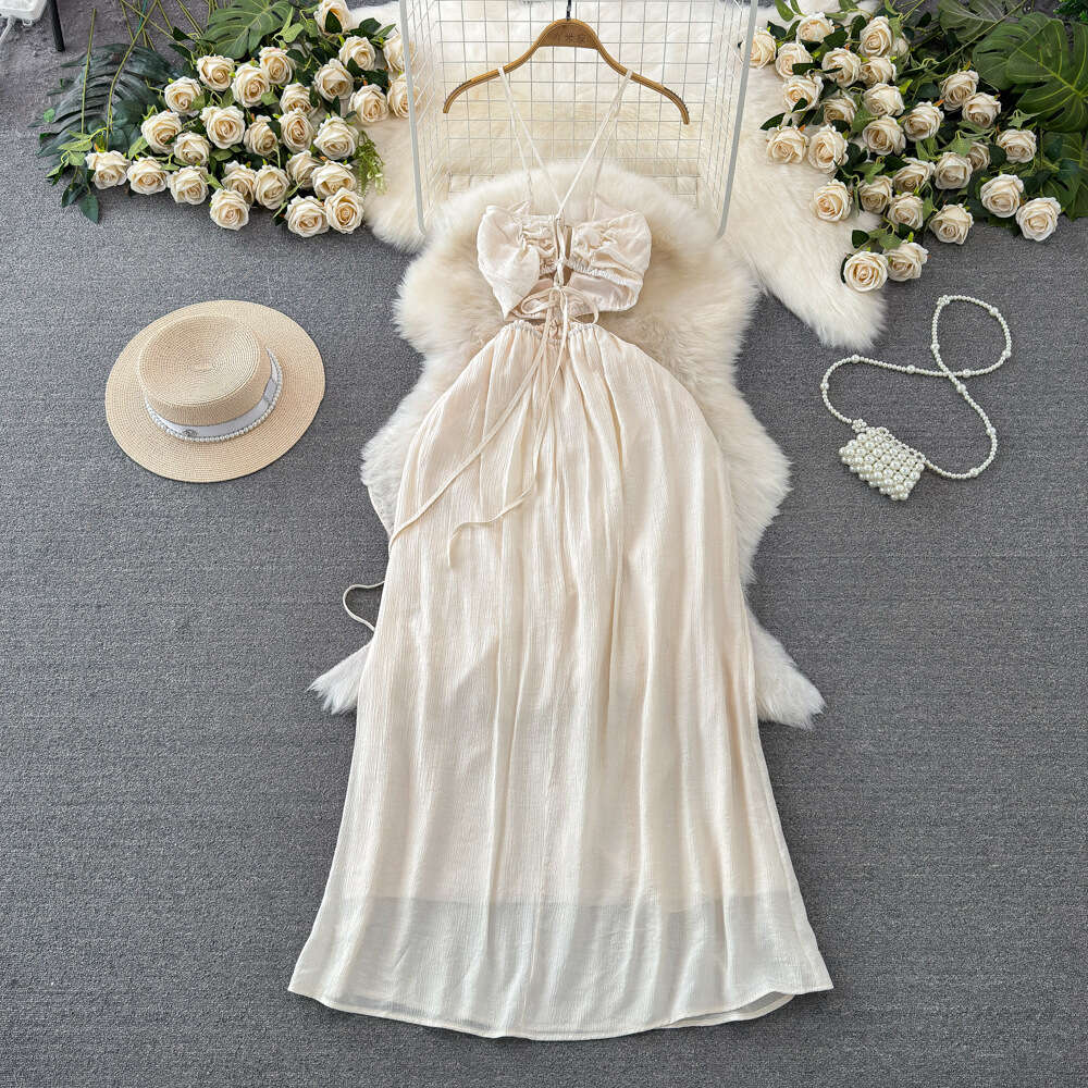 Gentle and socialite temperament V-neck hanging neck off shoulder waist slimming A-line solid color dress seaside vacation long dress