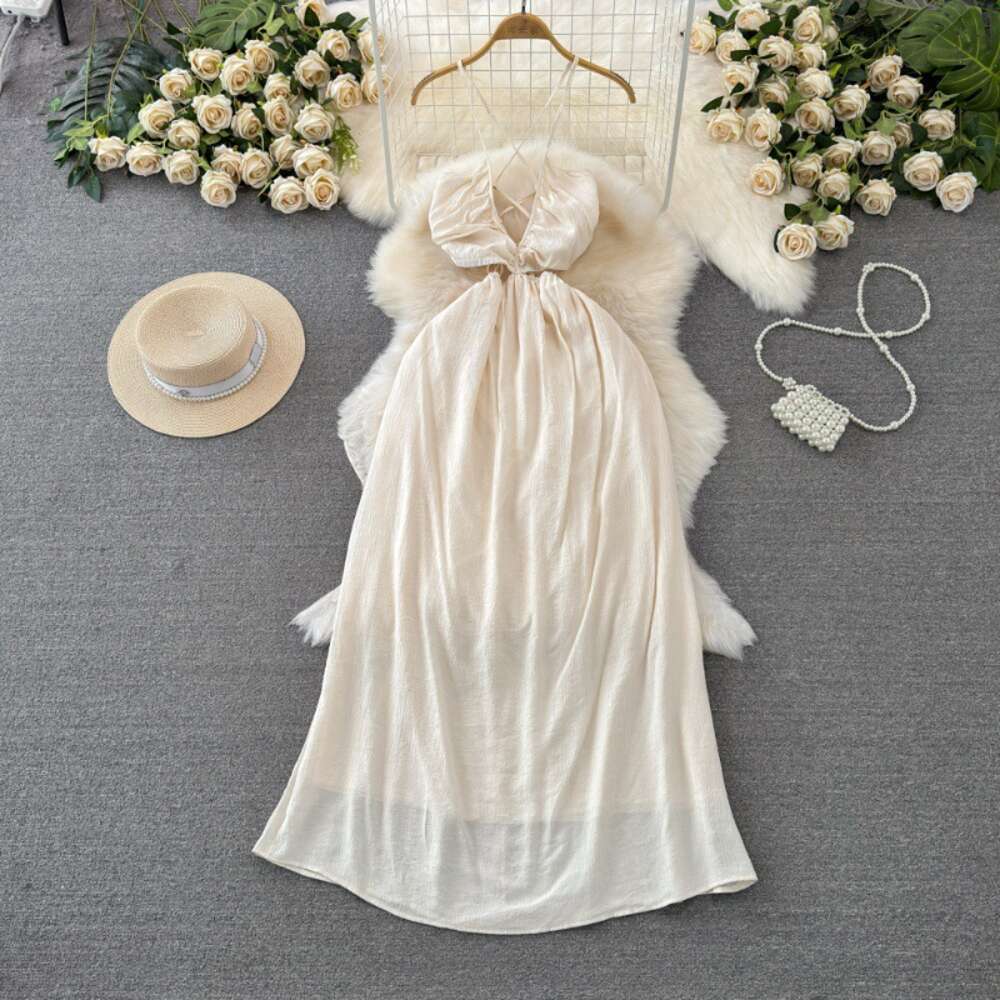 Gentle and socialite temperament V-neck hanging neck off shoulder waist slimming A-line solid color dress seaside vacation long dress
