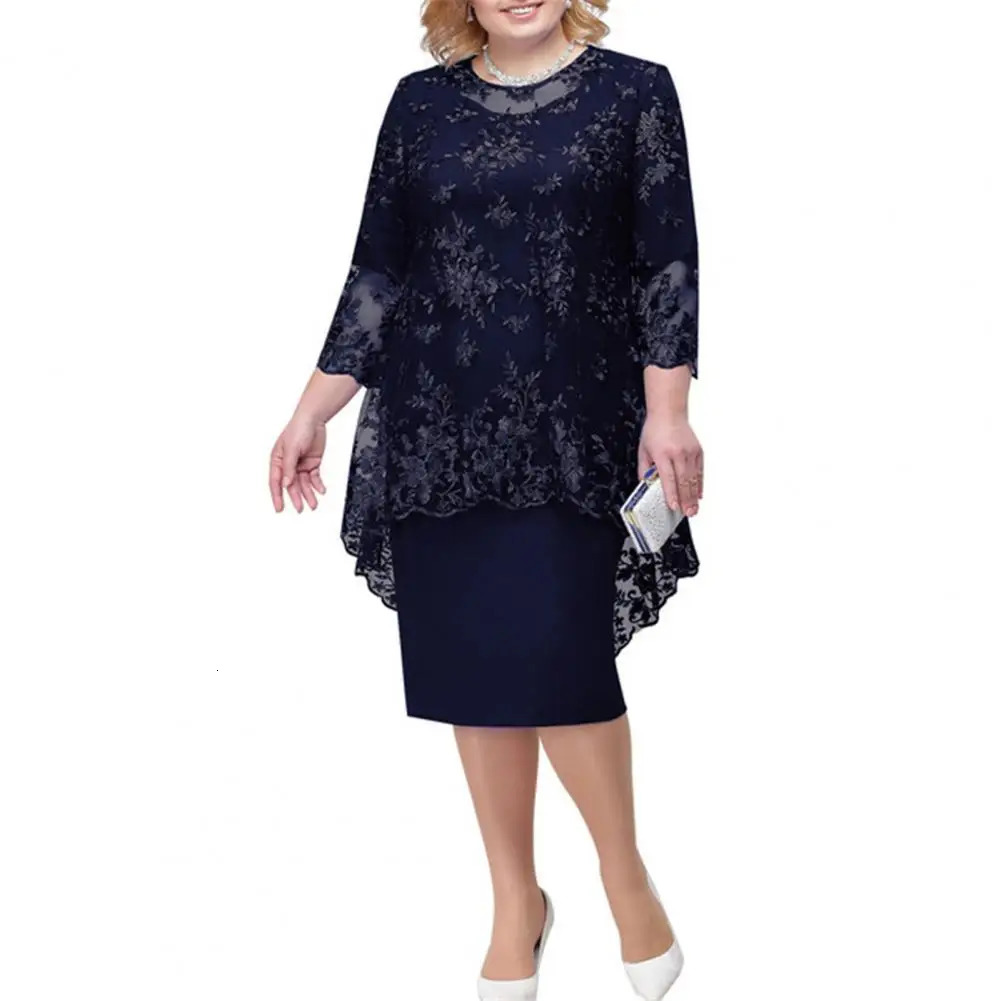 O-neck High-Waist Plus Size Midi Dress Party Dress Embroidery Lace 34 Sleeve Lady Evening Dress Elegant Bodycon Female Clothing 240530