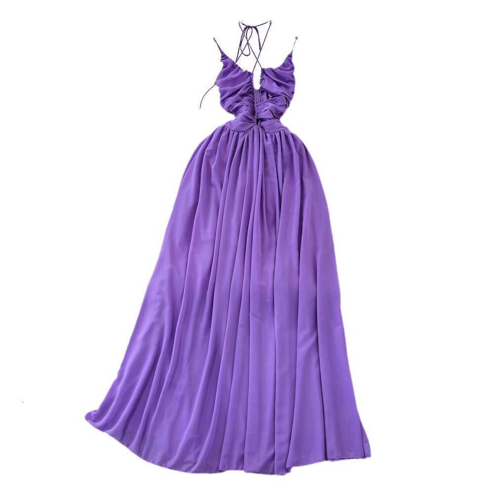 Gentle style hanging neck exposed back waist slimming A-line large hem dress seaside vacation beach dress elegant long skirt
