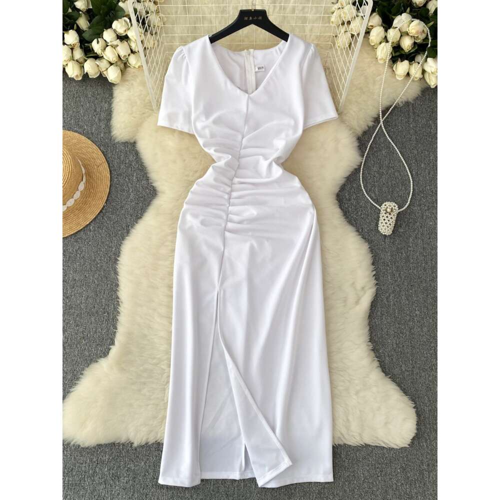 French style high-end short sleeved pleated waistband dress for women to show slimming temperament goddess style buttocks wrapped spicy girl skirt