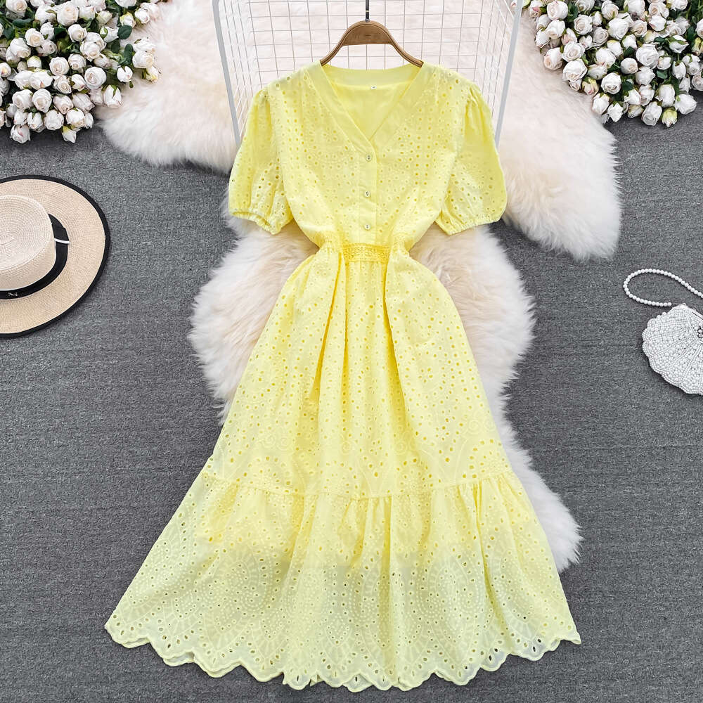 2023 Summer Elegant V-Neck Hook Flower Hollow Waist A Line Dress Elegant Beach Vacation Swing Long Dress