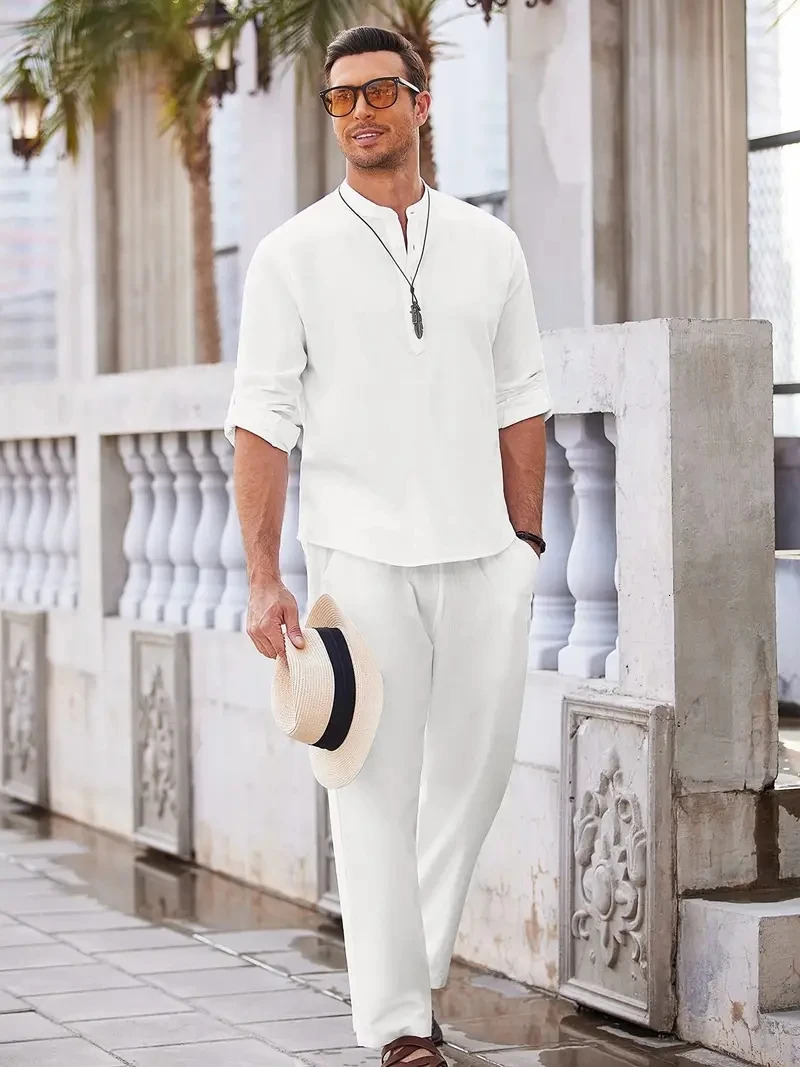 Cotton linen blend retro elegant mens two-piece casual V-neck Henry long sleeved shirt drawstring pants autumn set 240601