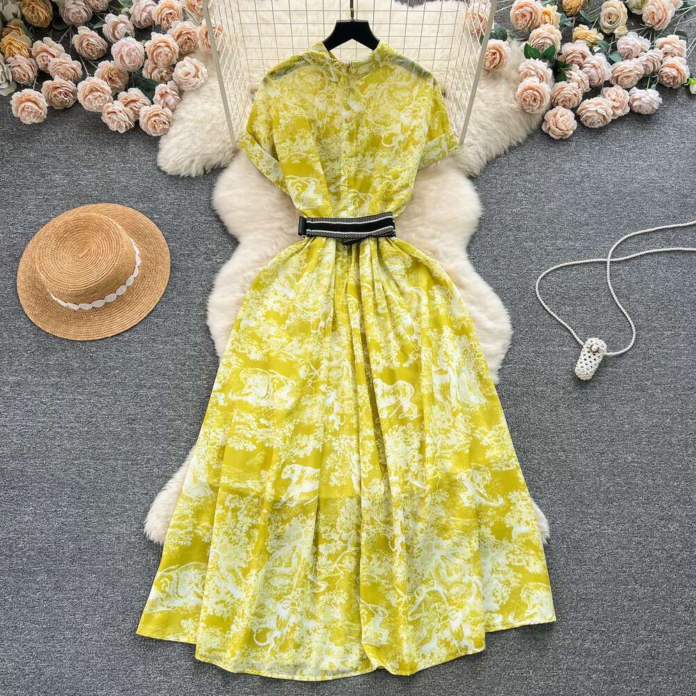 French printed shirt collar buckle slim fit long hem high-end and elegant dress for women 2024 new