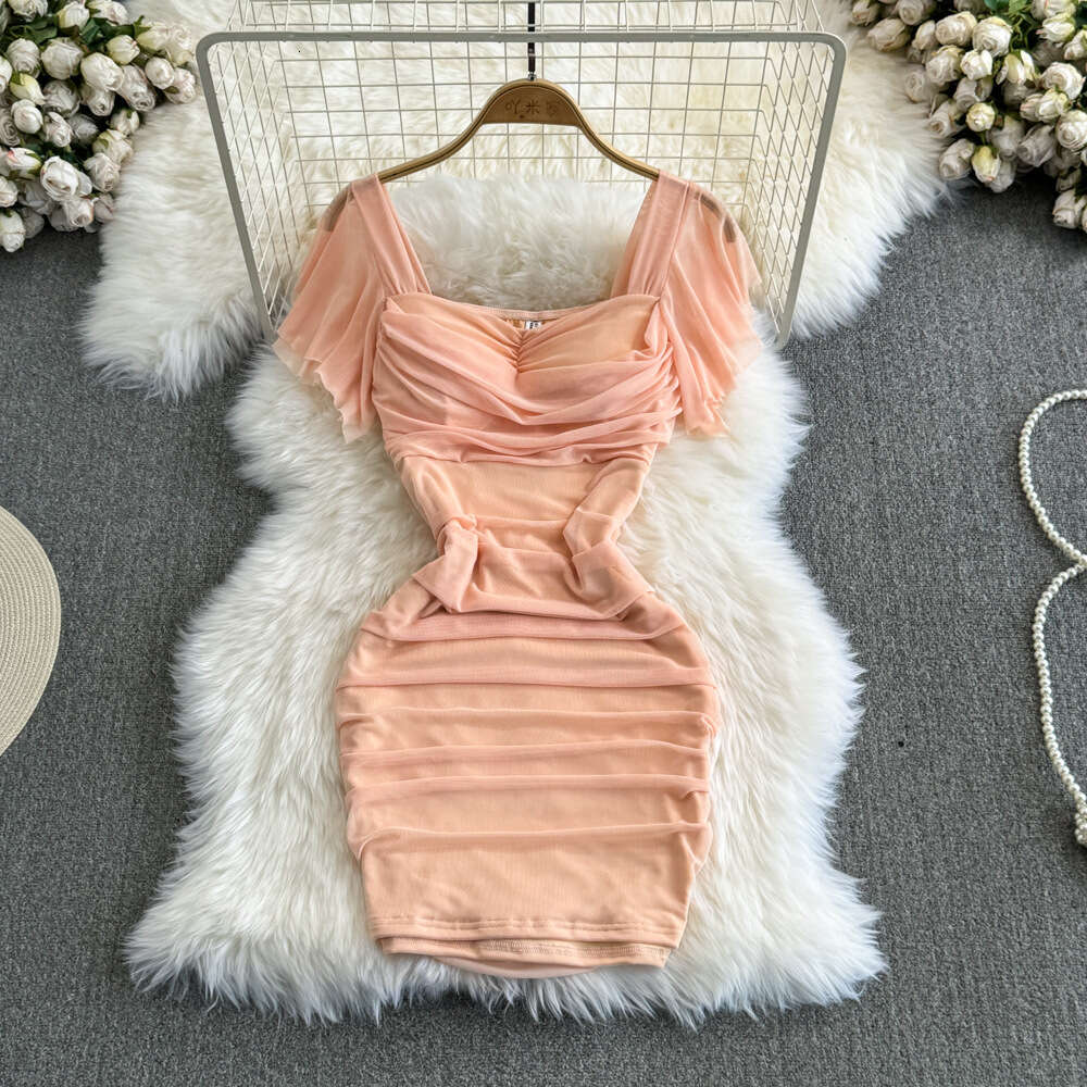 2023 Summer Fashion Sexy Celebrity Elegant Square Neck Waist Closed Slim Short Mesh Wrapped Hip Bottom Dress