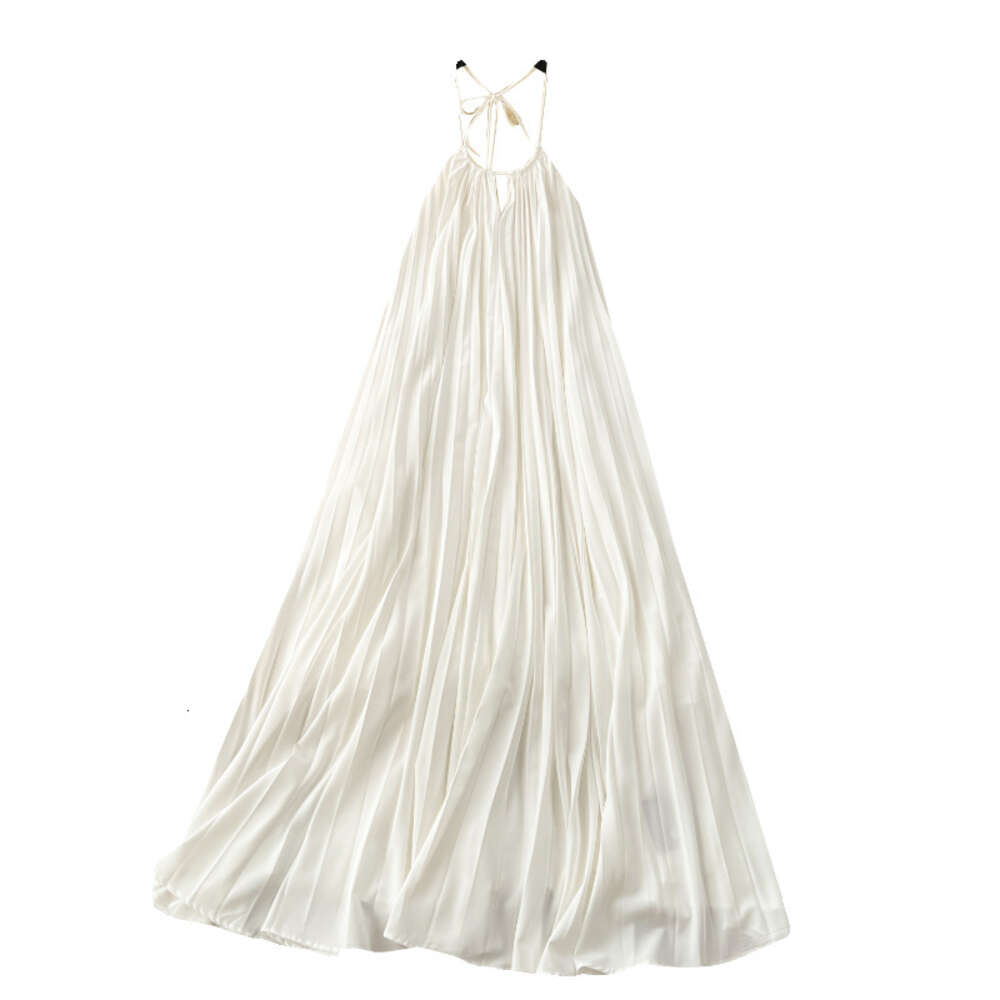 White Moonlight Qianjin Wind Dress for Womens Tourism and Vacation Wearing Photography Beach Skirt French Hanging Neck Open Back Fairy Skirt