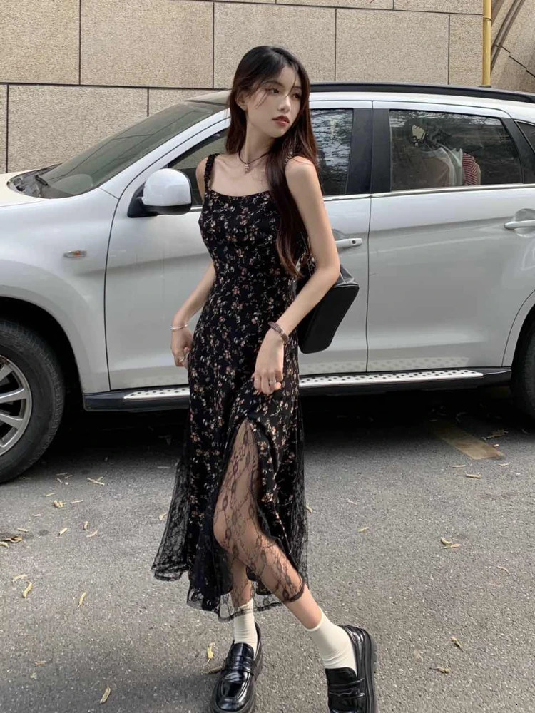 Deeptown Y2k Vintage Black Mesh Dress Women Korean Reviews Many Dresses Fairy Floral Summer One Piece Midi Slip Chiffon Vestidos 240601