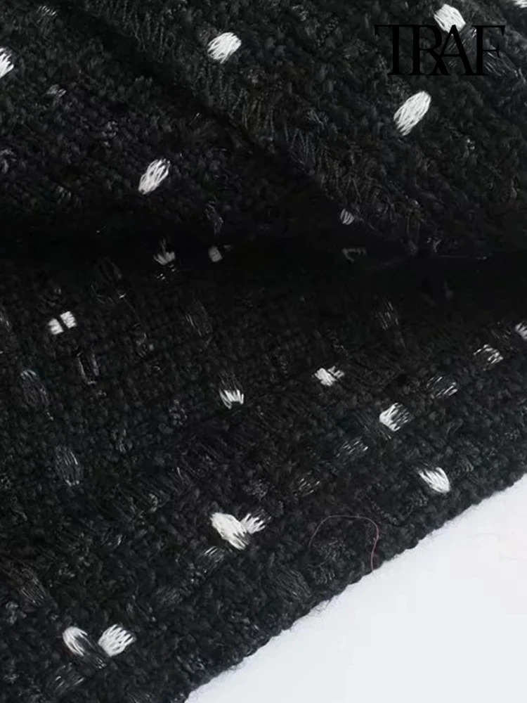 TRAF-Womens Faux Pearl Beading Tweed Mini DressBack Zipper Hollow Out Female Dresses Sexy Fashion 240529