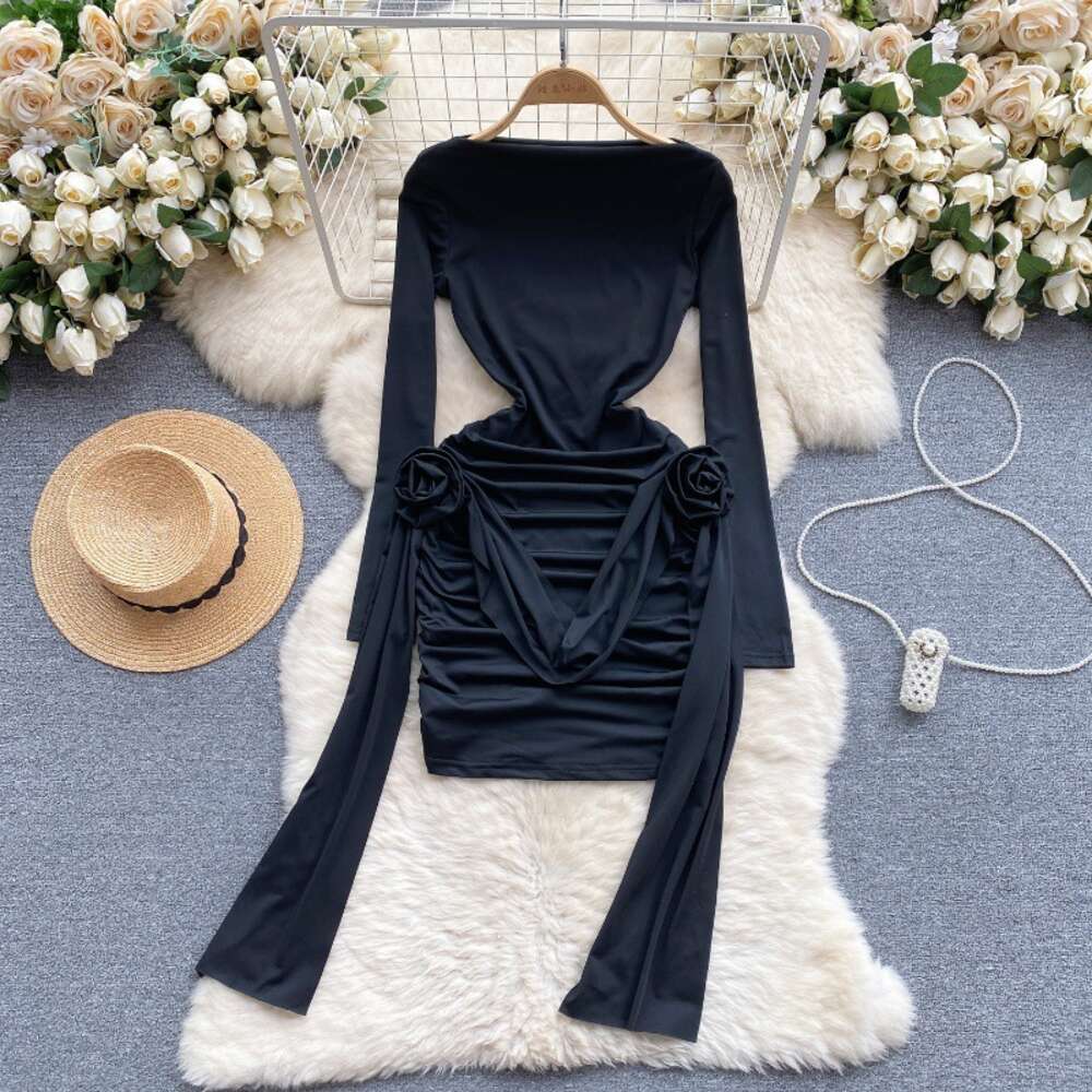 Womens clothing design with three-dimensional floral pleats waist closure slimming effect sexy buttocks wrapped skirt long sleeved dress womens trend