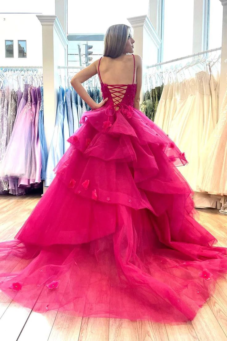 Spaghetti Fuchsia Prom Dresses Ruffle Tiered 3D Floral Appliques Long Tulle Evening Gowns Court Train Open Back Lace-up Sexy Birthday Party Special Oc