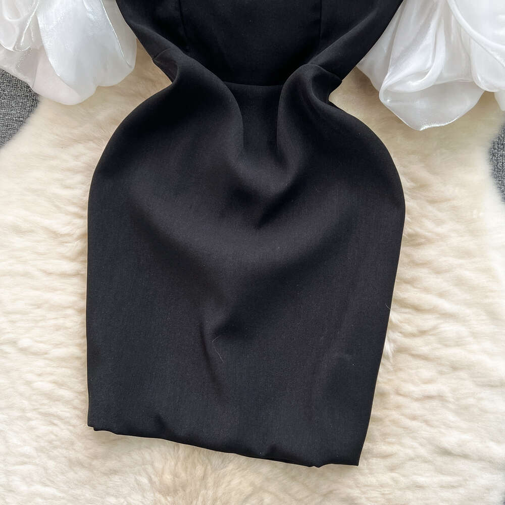 High end socialite mini dress French sexy one line neck off shoulder pleated bubble sleeves slim fit short dress