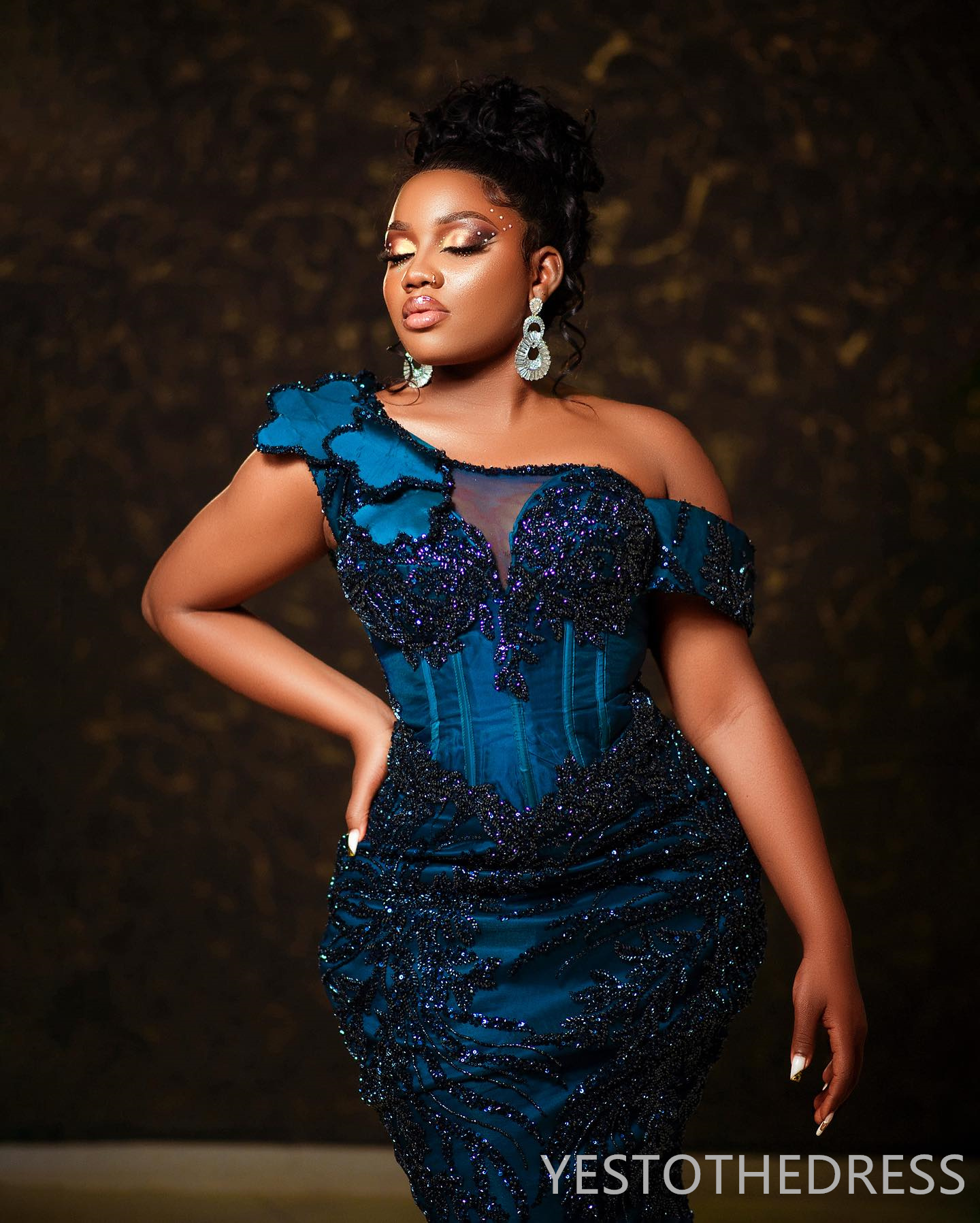 2024 Aso Ebi Prom Dress Navy Blue Mermaid Promdress One Shoulder Evening Formal Gowns Appliqued Beaded Lace Vestido De Sorrie Second Reception Gala Go