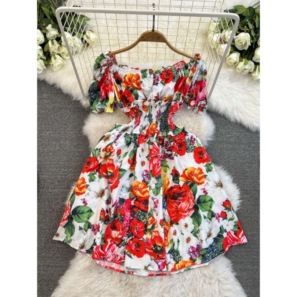 One shoulder elastic waist short vacation dress sexy off the shoulder Chinese floral print princess dress