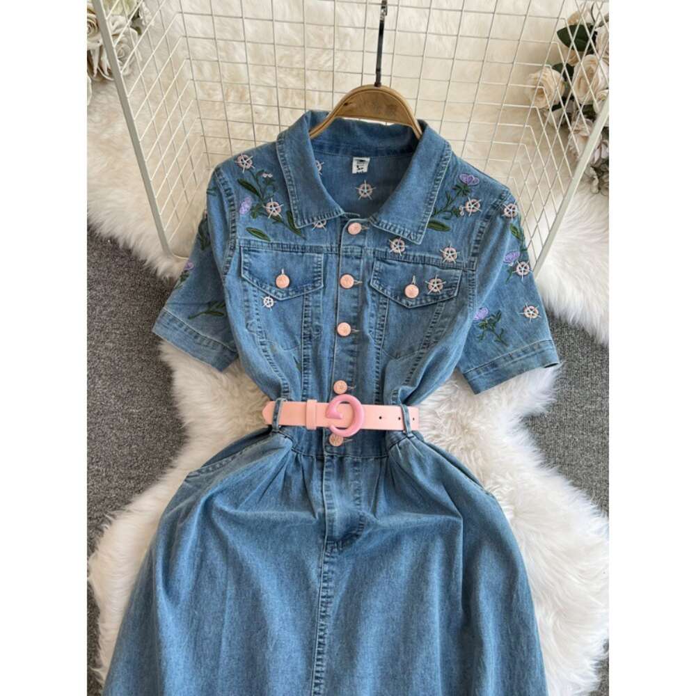 Fashionable socialite temperament embroidered short sleeved lapel with waistband for slimming effect medium length A-line denim shirt dress