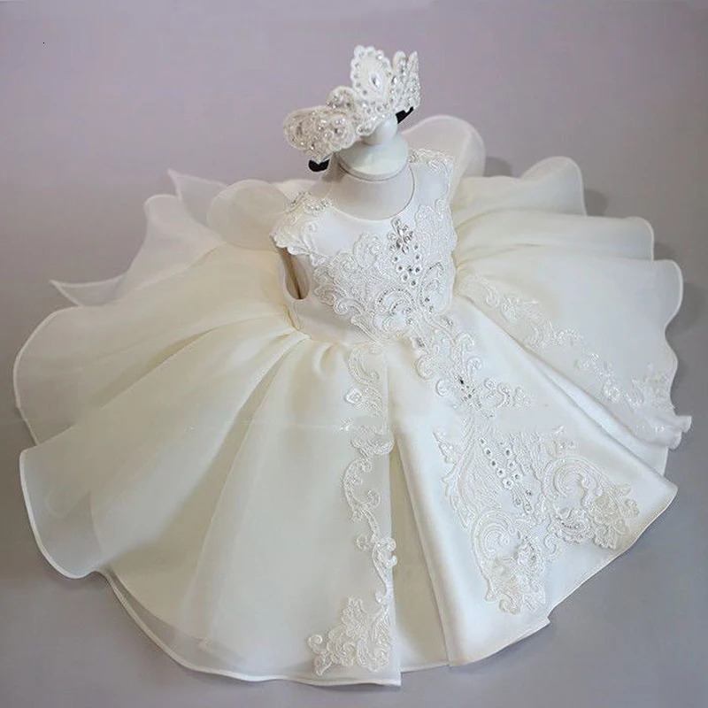 Formal White 1 Year Birthday Dress For Baby Girl Clothes Bow Baptism Princess Dress Elegant Beads Girls Party Gown Vestido 0-4Y 240603