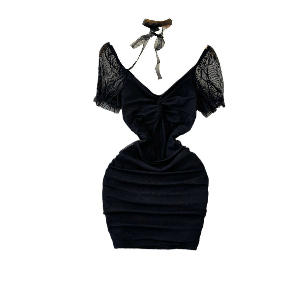 2024 Summer Fashion Pure Desire Sexy Nightclub V-Neck Waist Slimming Short Mesh Wrap Hip Bottom Dress