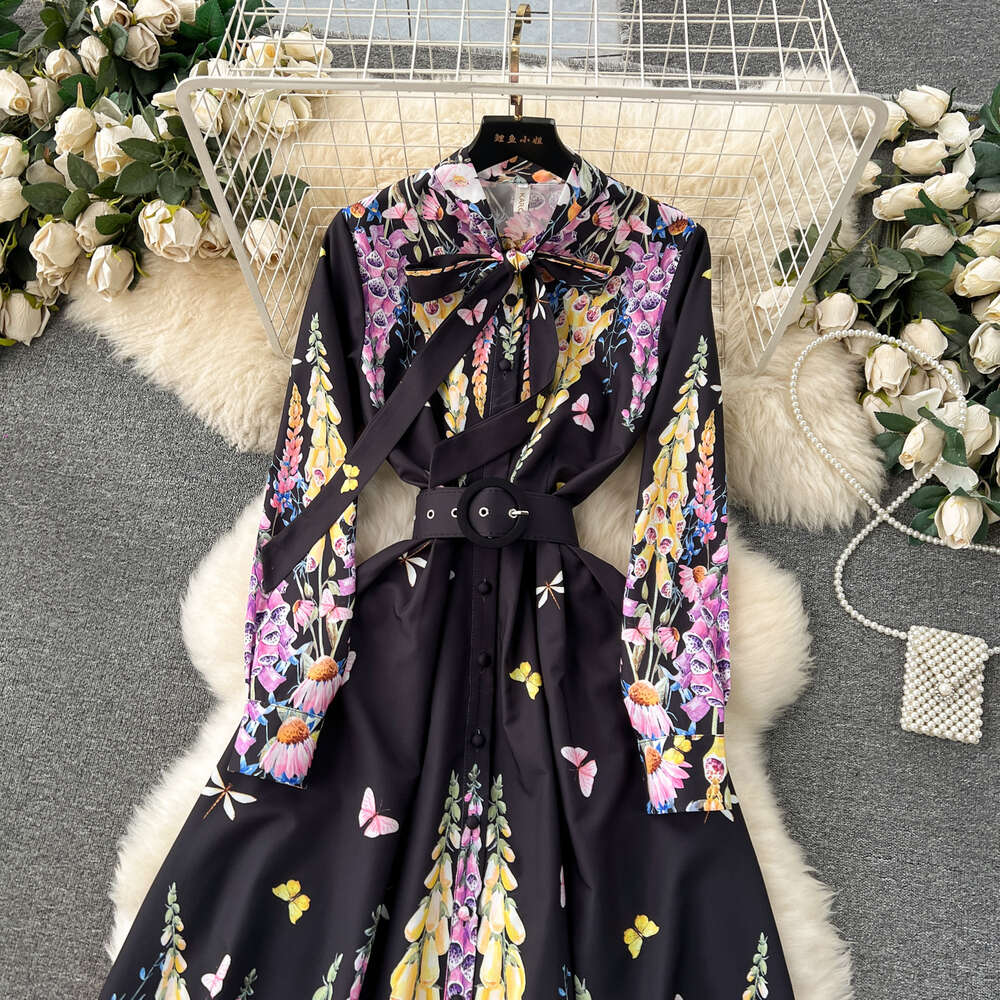 French court style dress high-end socialite bow neckline buckle slim fit long printed and elegant dress