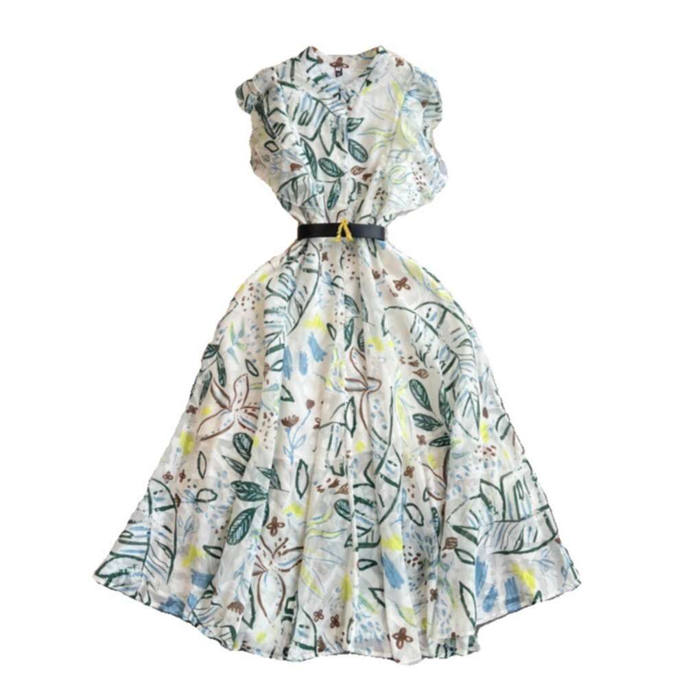 Fashionable socialite temperament formal occasion short sleeved stand up collar with ruffled edges and waist cinching A-line green printed dress