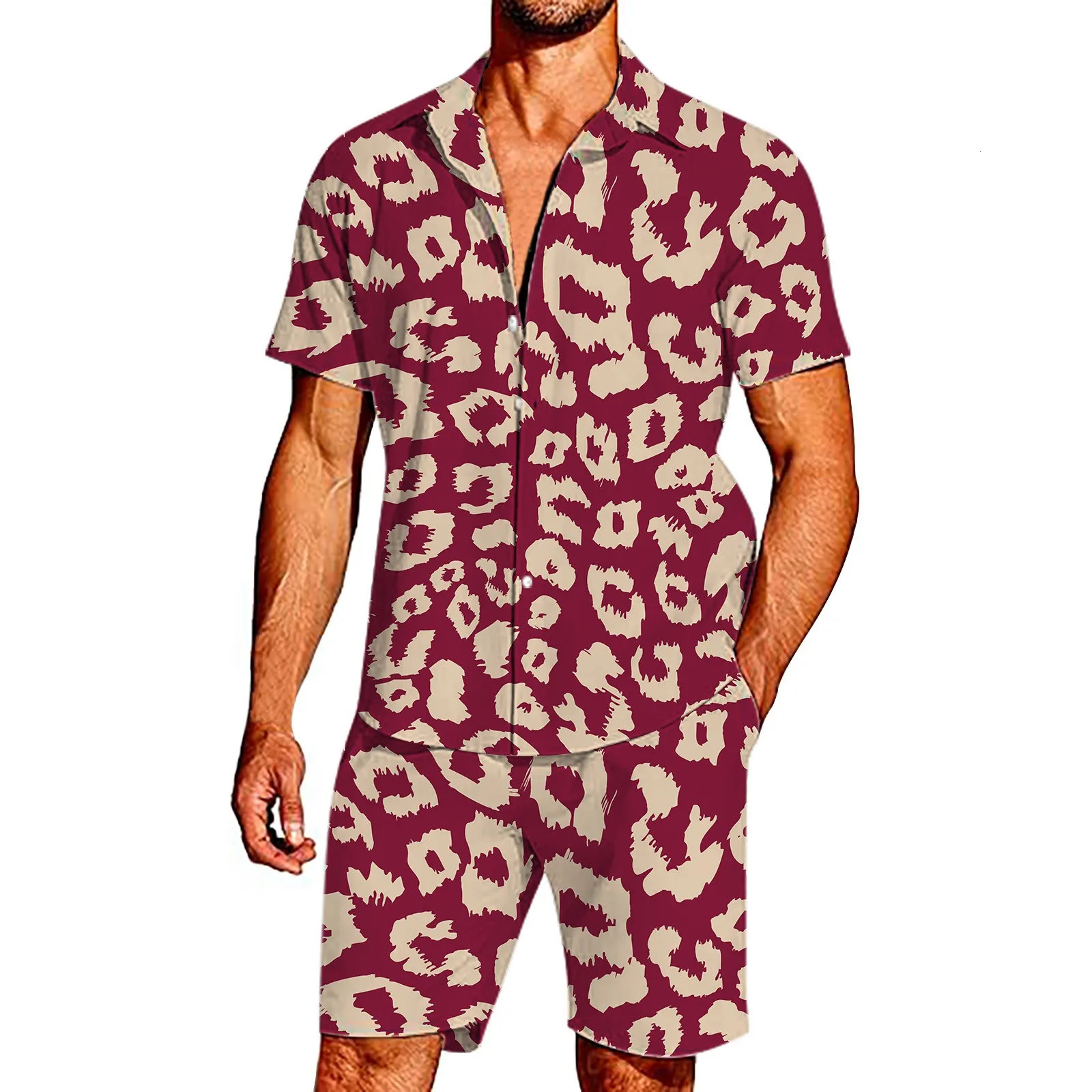 Fashion Summer Mens Tracksuit Short Sleeve Shirt Set Leopard Print Clothing 2 Pieces Casual Suit Streetwear Outfit 240530