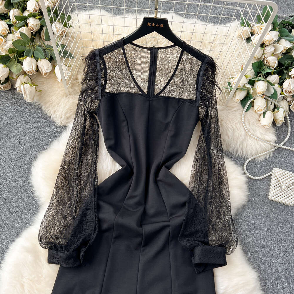 Light mature style womens clothing sexy perspective lace bubble sleeve patchwork slim fit mid length taildress dress for women