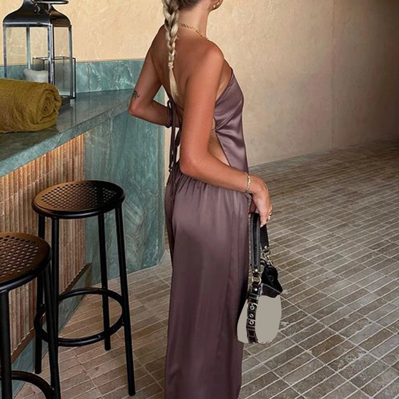 Women Streetwear 2 Piece Outfits Sexy Satin Backless Bandage Bandeau Crop Top Elastic Wide Leg Pants Set Y2K Aesthetic Clothes 240524wtt