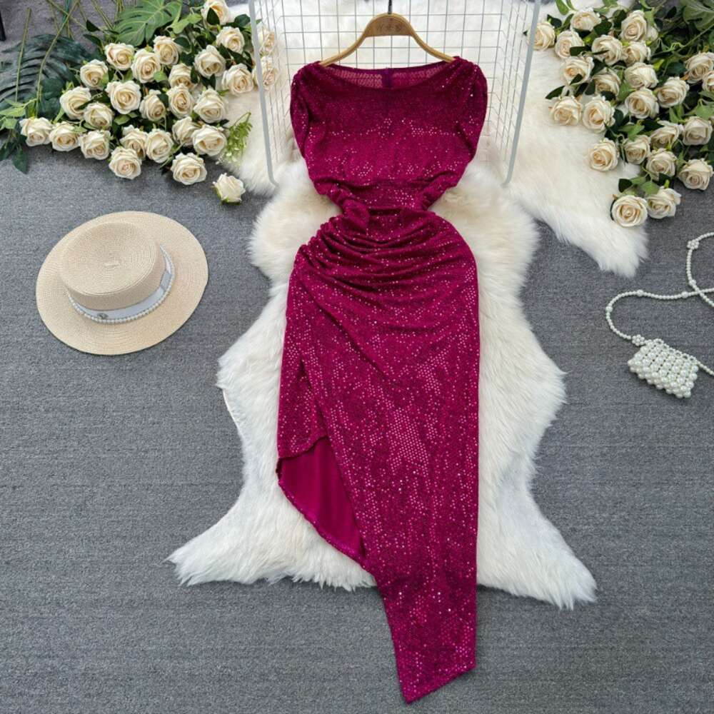 Feminine and socialite temperament sleeveless round neck waist length irregular sparkling sequin wrapped buttocks dress