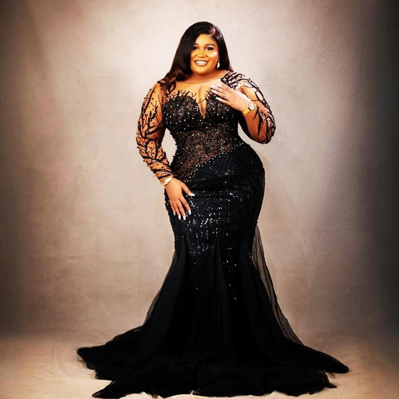 2024 Aso Ebi Prom Dresses Black Mermaid Promdress Illusion Evening Formal Gowns Long Sleeves Appliqued Beaded Lace Vestido De Reception Engagement Gow