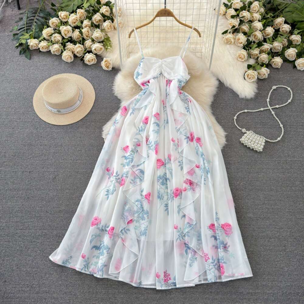 Luxury and socialite temperament strapless and waist cinched A-line ruffled edge printed chiffon dress seaside vacation long dress