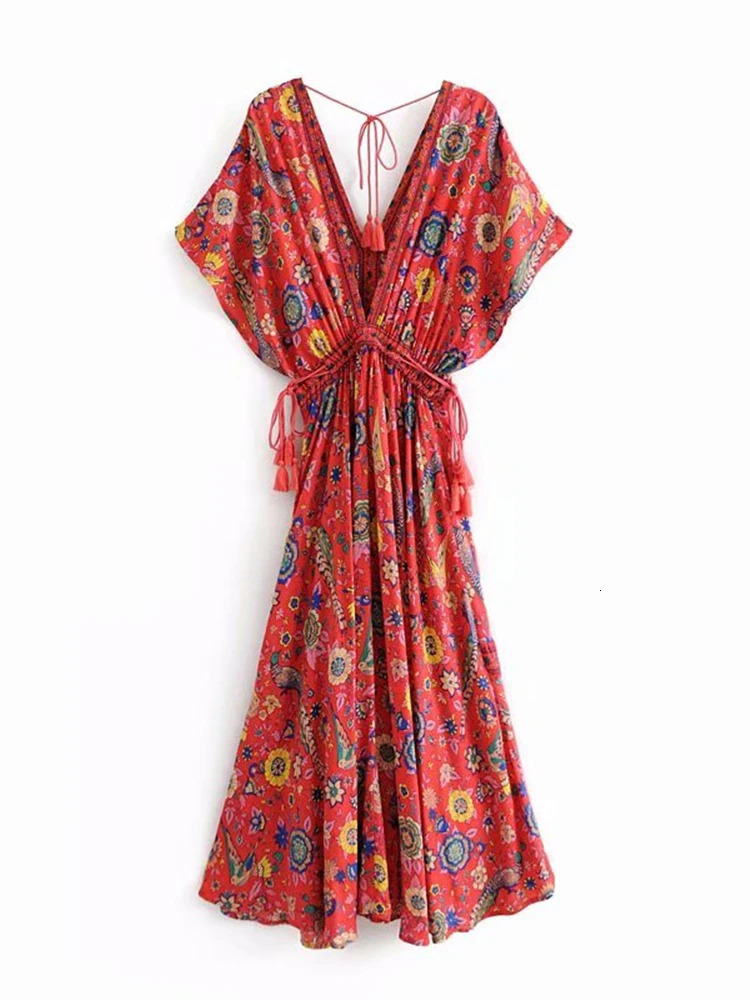 Vintage Chic Women Peacock Floral Print Bat Sleeve Beach Bohemian Maxi Dresses Robe Ladies V-neck Tassel Summer Boho Dress 240529