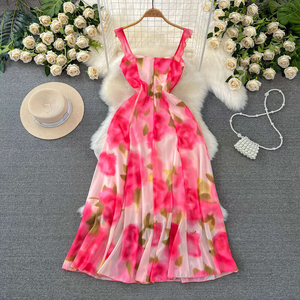 Gentle and socialite temperament slim waist and split A-line printed chiffon suspender dress seaside vacation long dress