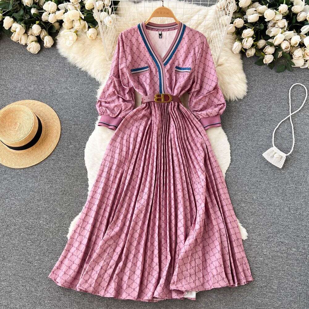 2022 Autumn New Light Mature Style Fashion Print V-Neck Panel Pleated Contrast Color Dress Womens Big Swing Long Dress