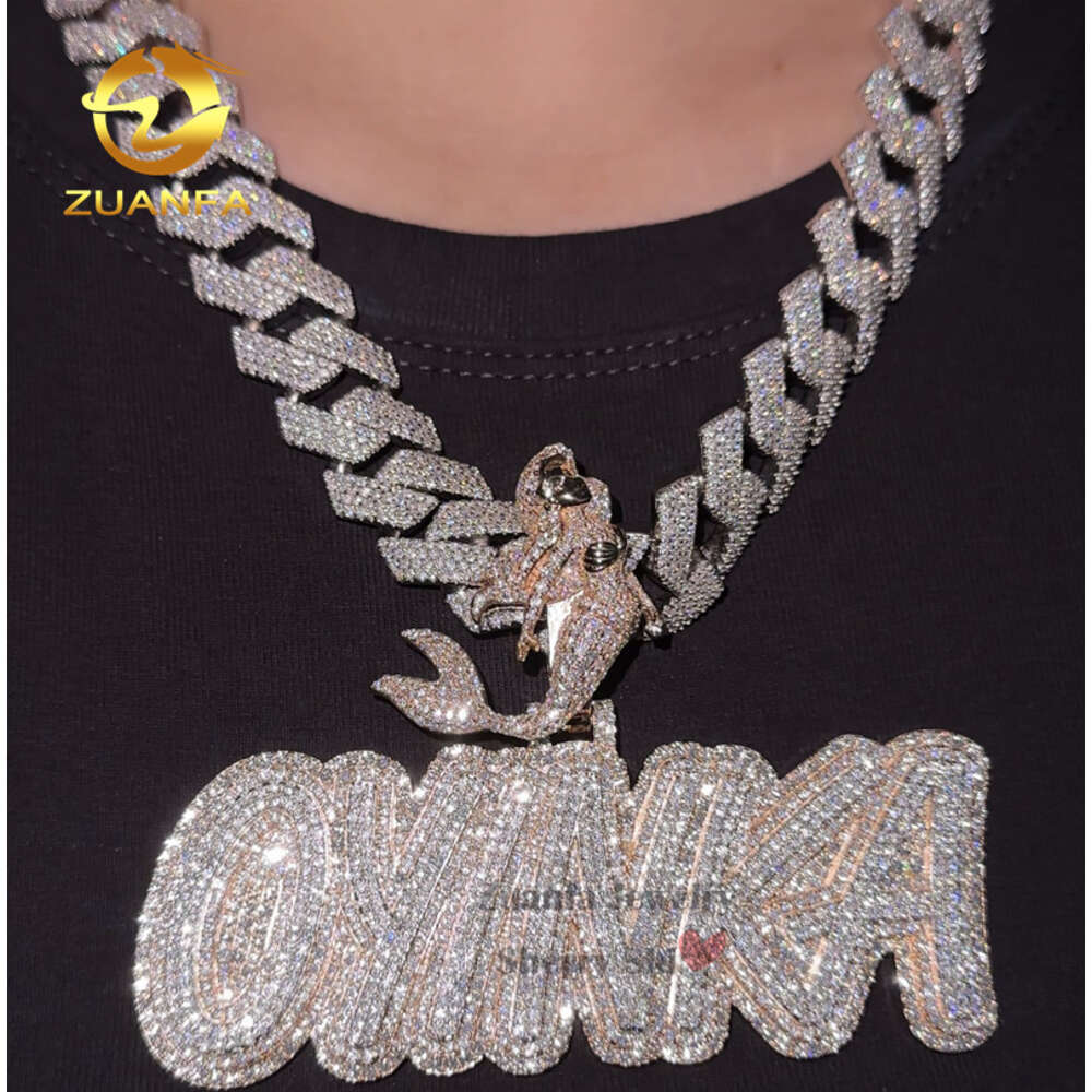 Rose Gold Plated VVS Moissanite Diamond Custom Iced Out Hip Hop Cuban Chain Name Letter Pendant Necklace with Mermaid Bail