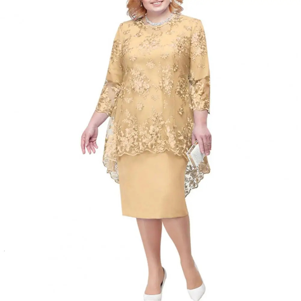 O-neck High-Waist Plus Size Midi Dress Party Dress Embroidery Lace 34 Sleeve Lady Evening Dress Elegant Bodycon Female Clothing 240530