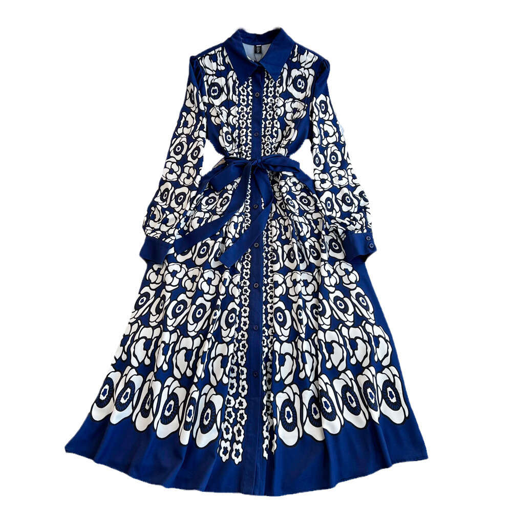 Spring and Autumn Luxury Celebrity Charm Long sleeved Polo Collar Waist Slimming Single breasted A-line Positioning Printed Shirt Dress