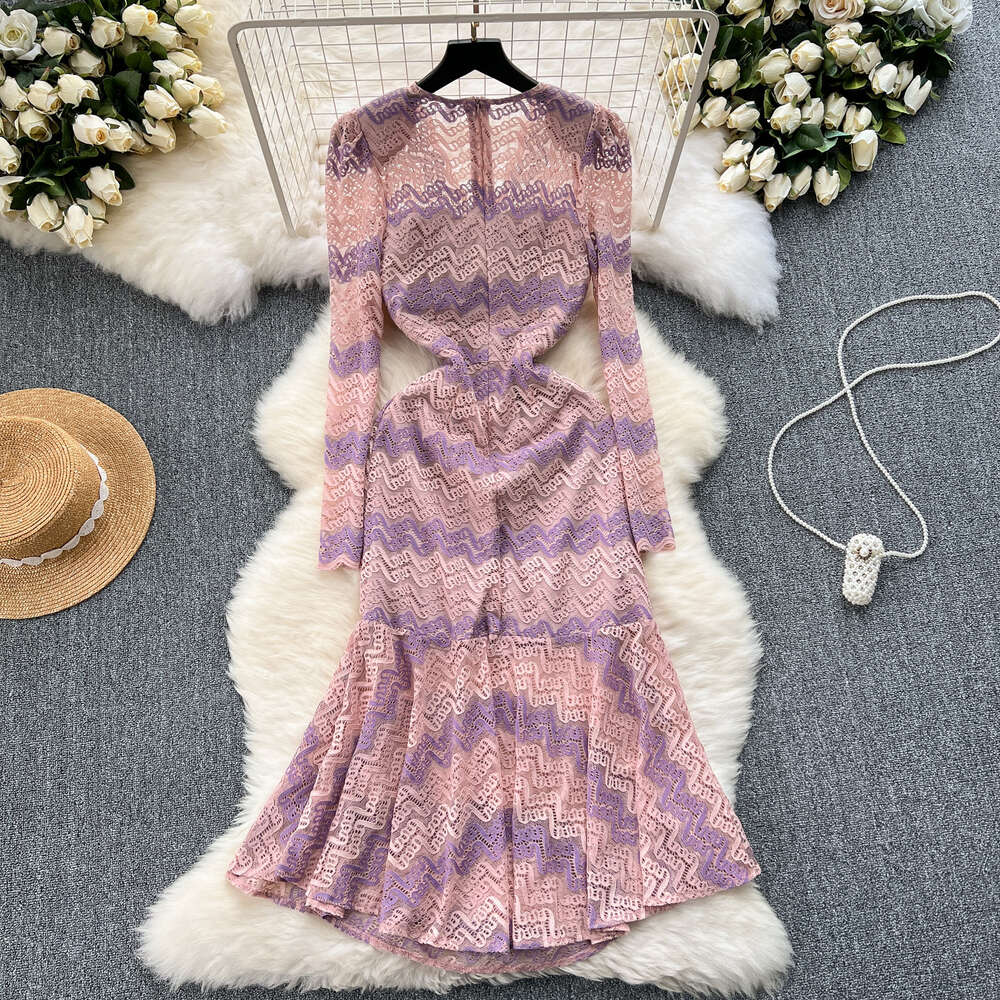 Light mature style womens clothing design with wavy edges V-neck buckle slim fit medium length lace fishtail skirt elegant dress