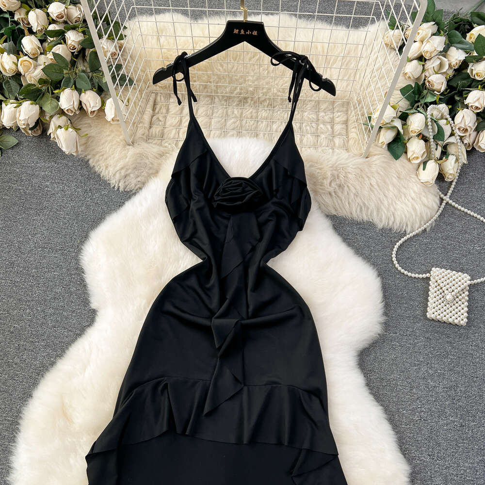 Sexy neck hanging suspender dress for women with a three-dimensional floral slim fit and ruffled edge front short and back long tailcoat dress