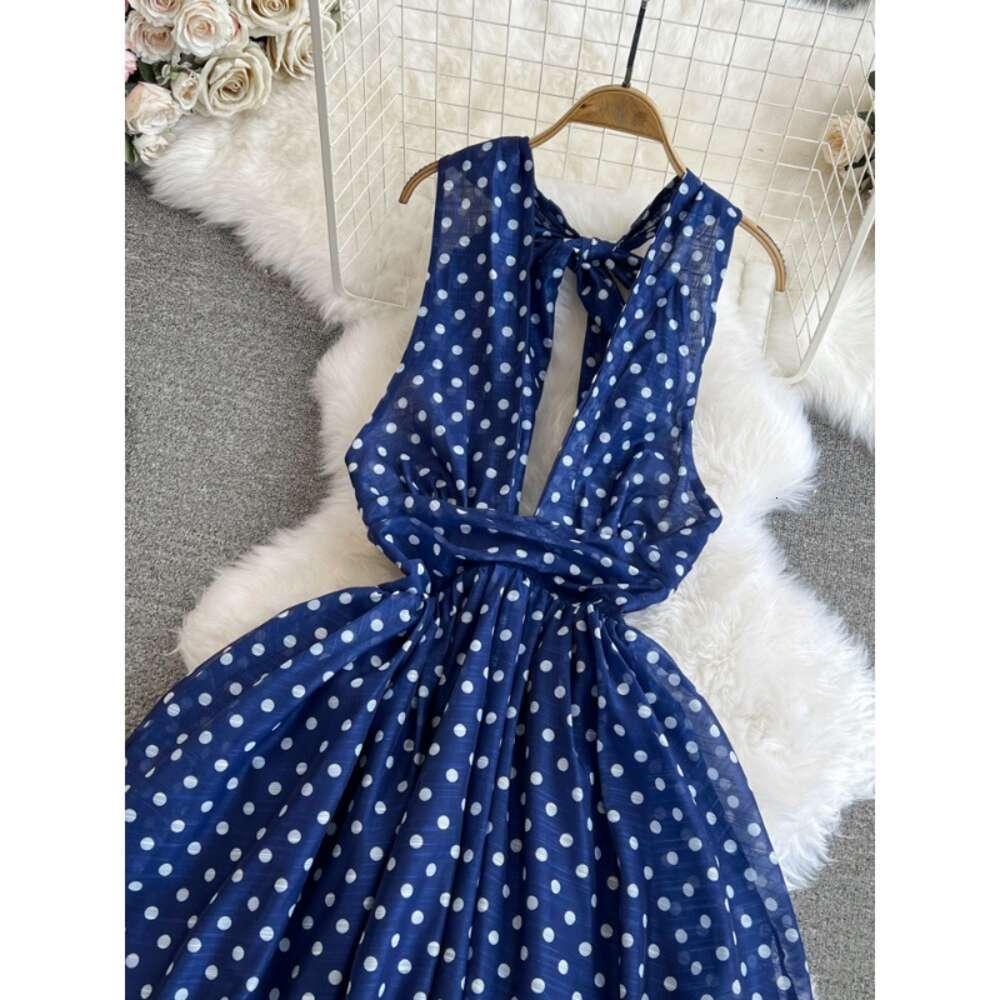 High end and socialite temperament hanging neck backless waist cinched slimming A-line polka dot chiffon dress seaside vacation long dress