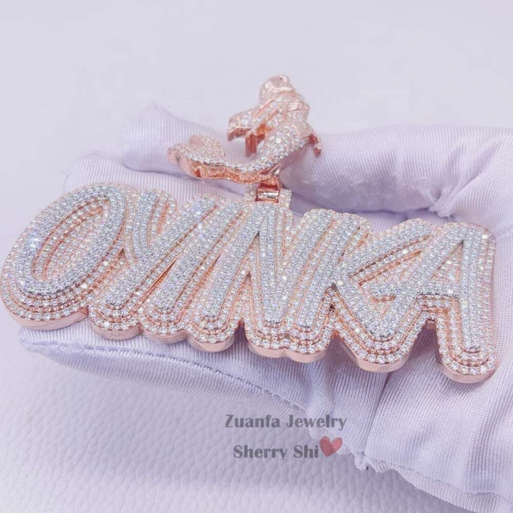 Rose Gold Plated VVS Moissanite Diamond Custom Iced Out Hip Hop Cuban Chain Name Letter Pendant Necklace with Mermaid Bail