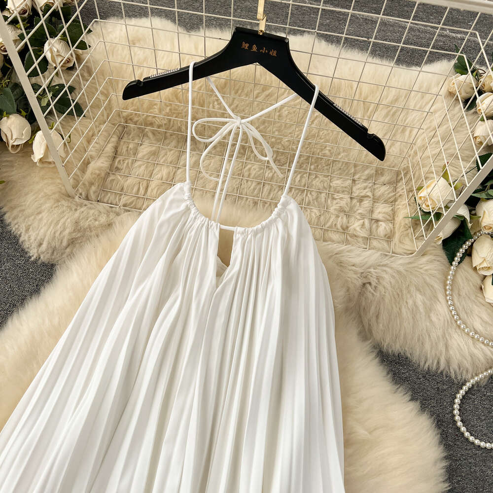 White Moonlight Qianjin Wind Dress for Womens Tourism and Vacation Wearing Photography Beach Skirt French Hanging Neck Open Back Fairy Skirt