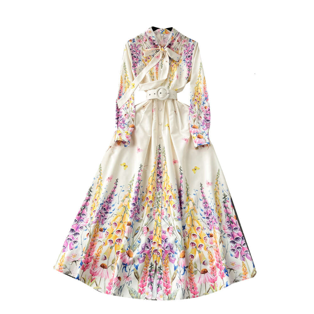 French court style dress high-end socialite bow neckline buckle slim fit long printed and elegant dress