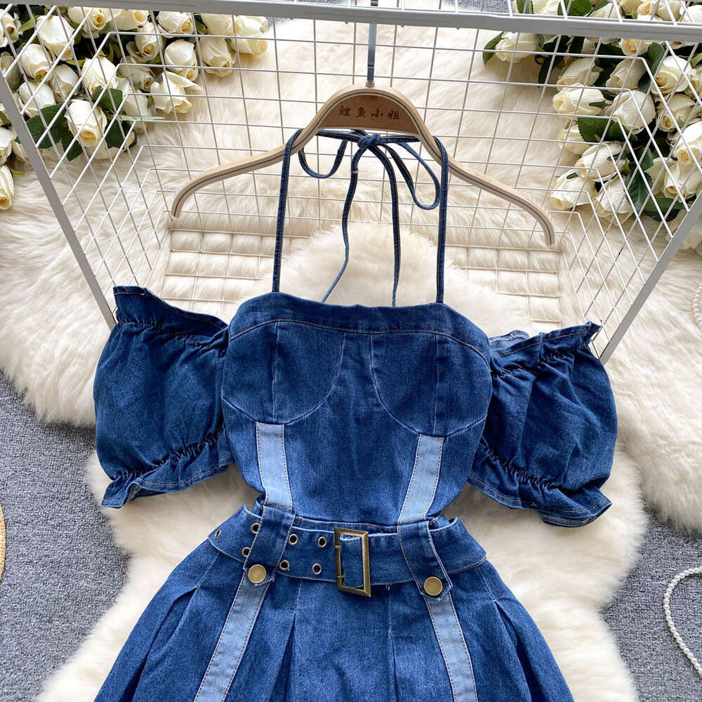 Special Offer - Off the Shoulder Hanging Neck Bubble Sleeves Denim Dress for Womens Summer New Spicy Girl Waist Collection A-line Hundred Pleated Shor