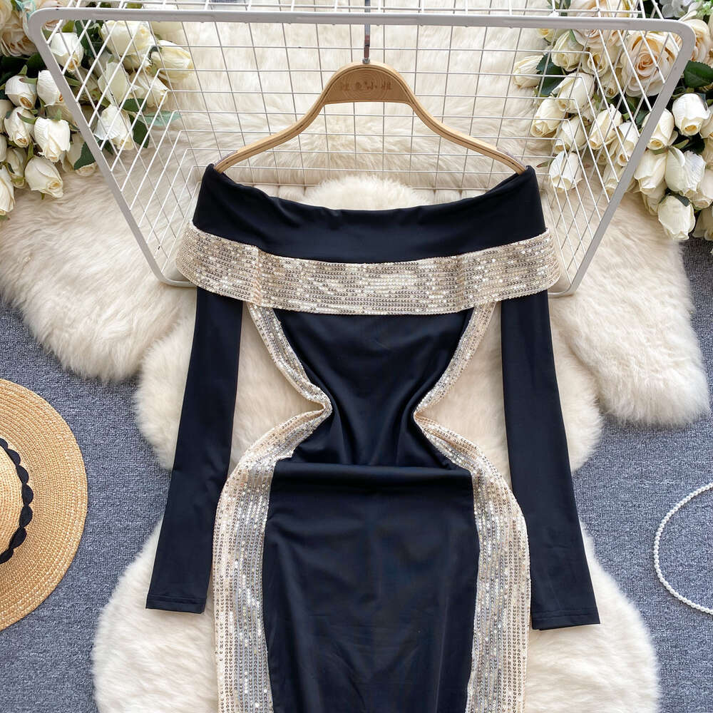 Light mature style womens clothing with a sense of luxury light luxury sequin color contrast splicing one line collar off the shoulder long sleeved dr