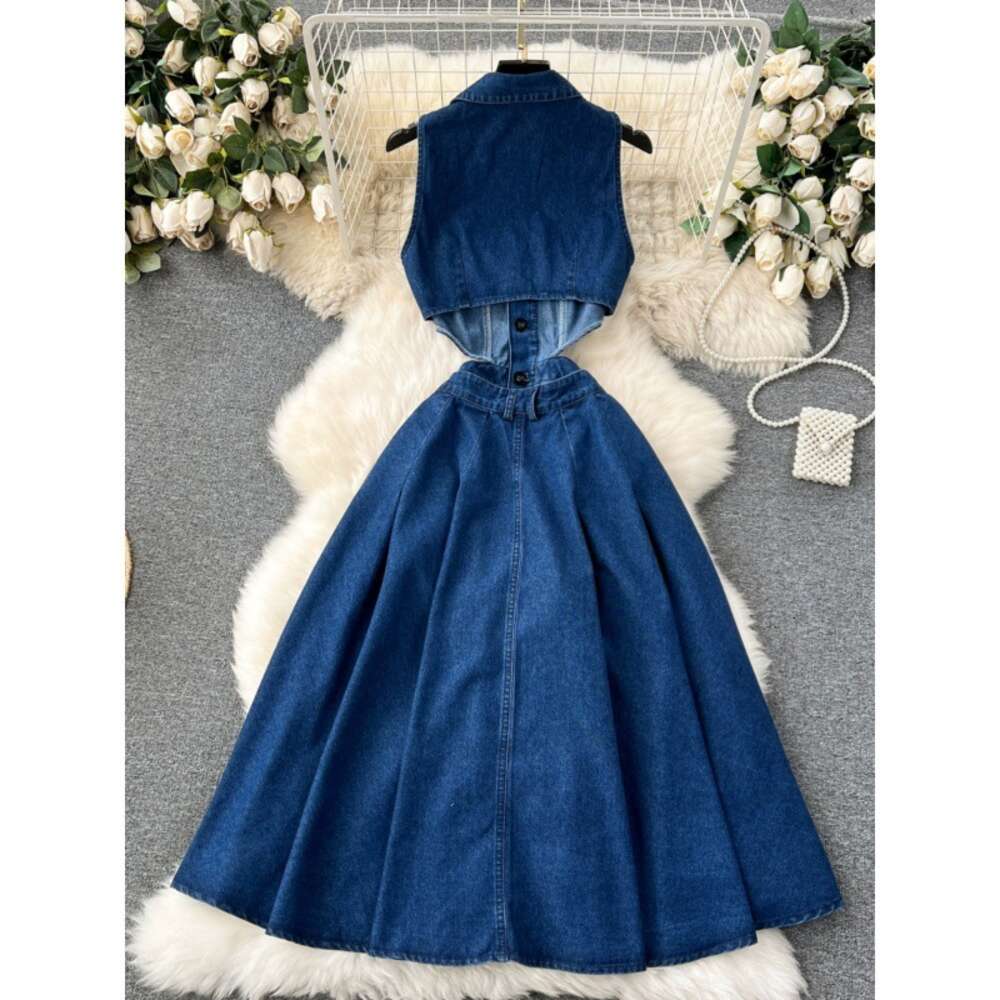 Chic denim dress womens design sense button cut hollow slim fit mid length slit over knee skirt