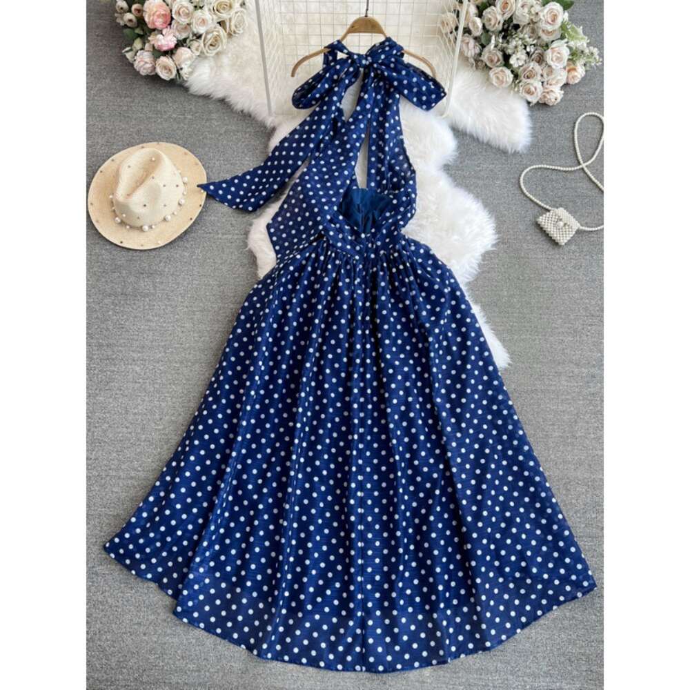 High end and socialite temperament hanging neck backless waist cinched slimming A-line polka dot chiffon dress seaside vacation long dress