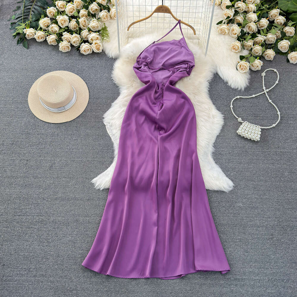 Fashionable and socialite temperament backless hanging neck sloping collar strapping waist tightening slimming effect medium length version split Alin